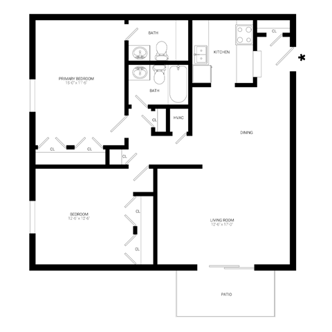 Floor plan for 2 beds, 1.5 baths, 1056 sqft